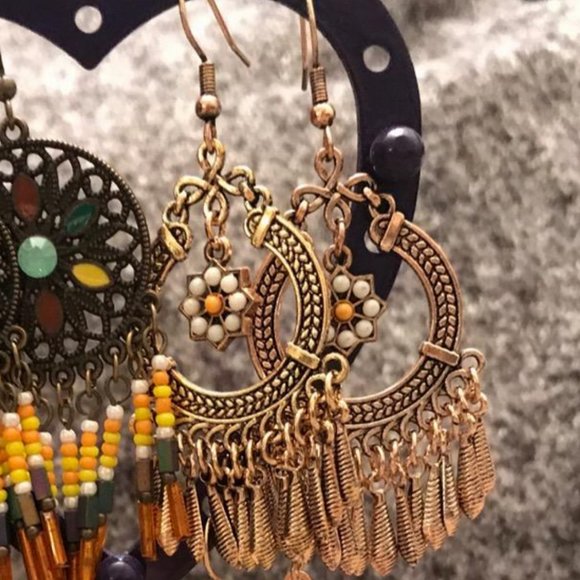 Boho Dangle Earrings Round Flower Dangling Drop Unique Bohemian Jewelry Ladies - Picture 4 of 5